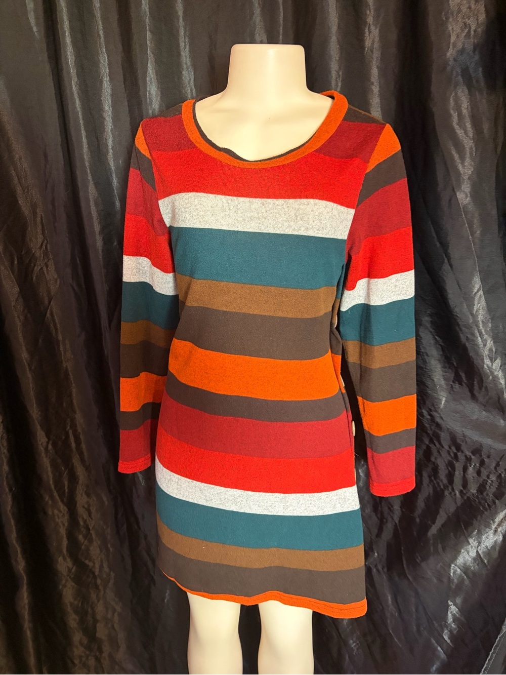Striped Long Sleeve Knit Dress in Red, Orange, Teal, Brown
